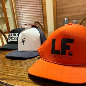 3 Surf Hats - 2 Foam Trucker LIQUID FORCE KITEBOARDING hats,1 Toes Over Nose hat
